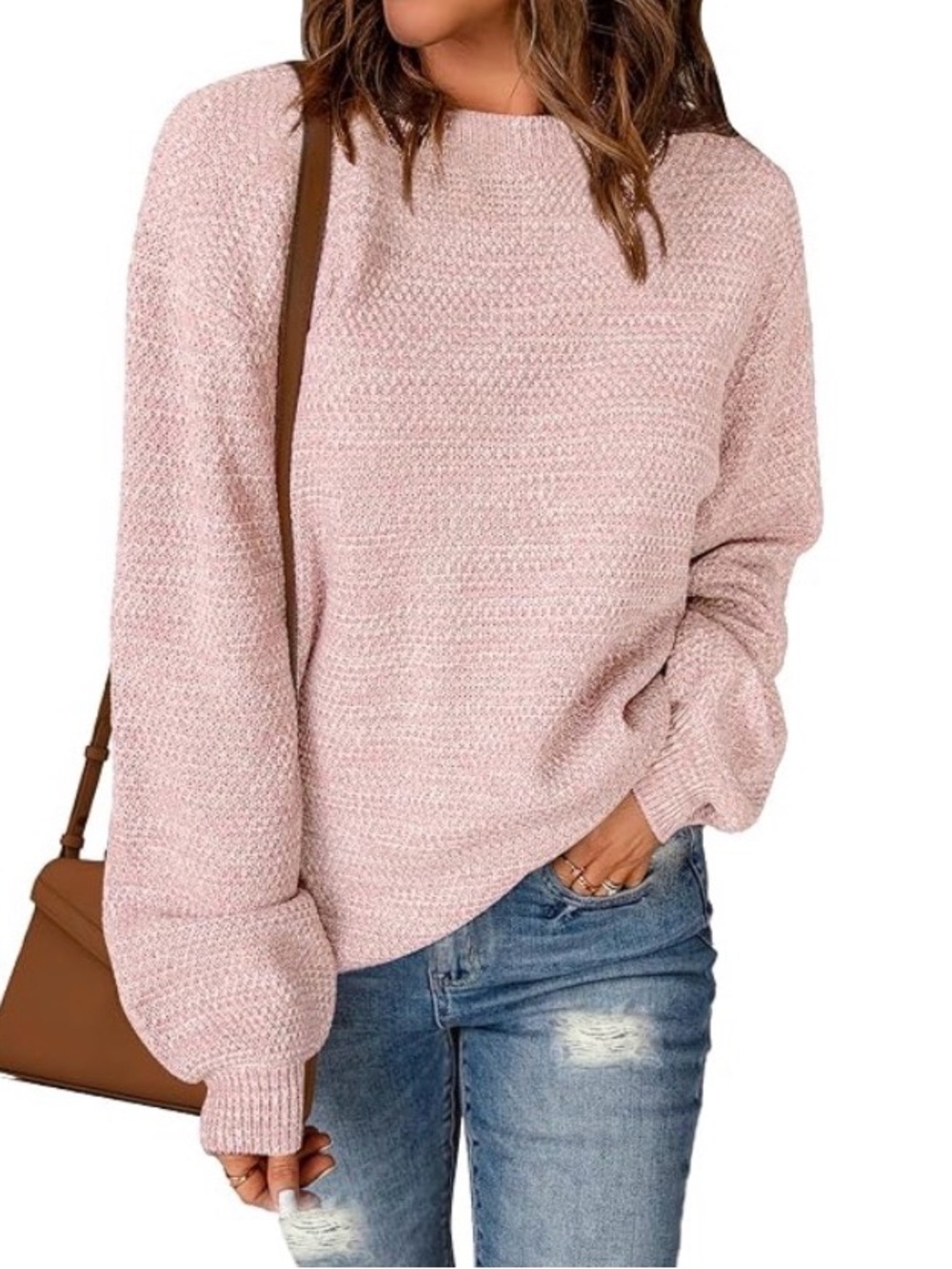 Sucolan Oversized Sweater Pink Heathered Long Sleeve Crew Neck
